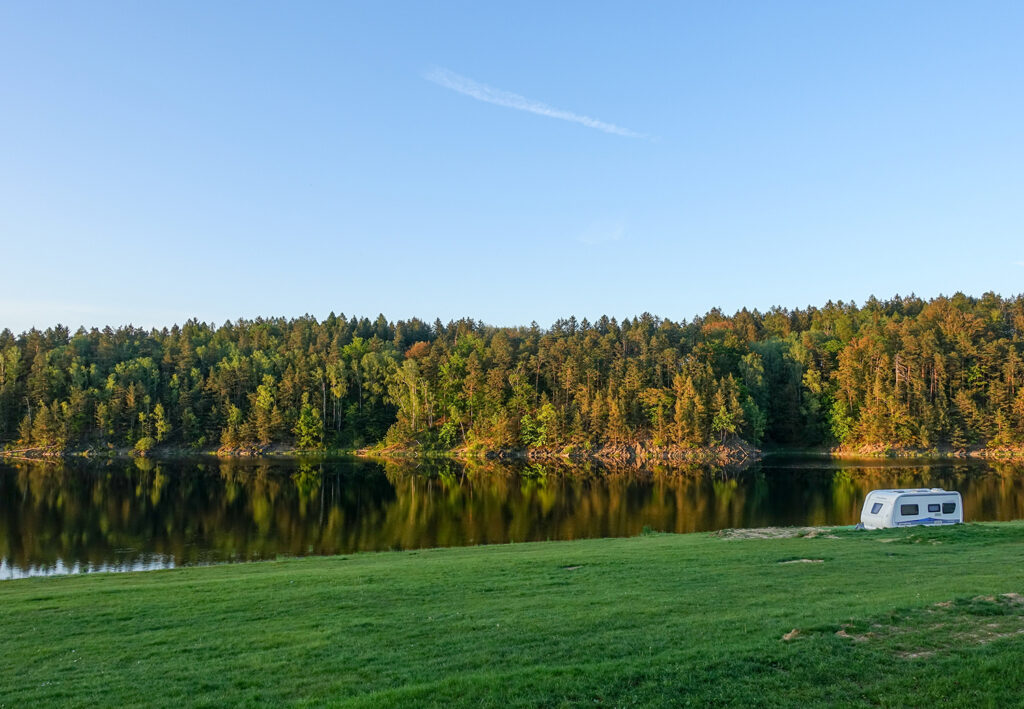 See mit Wald am Ufer